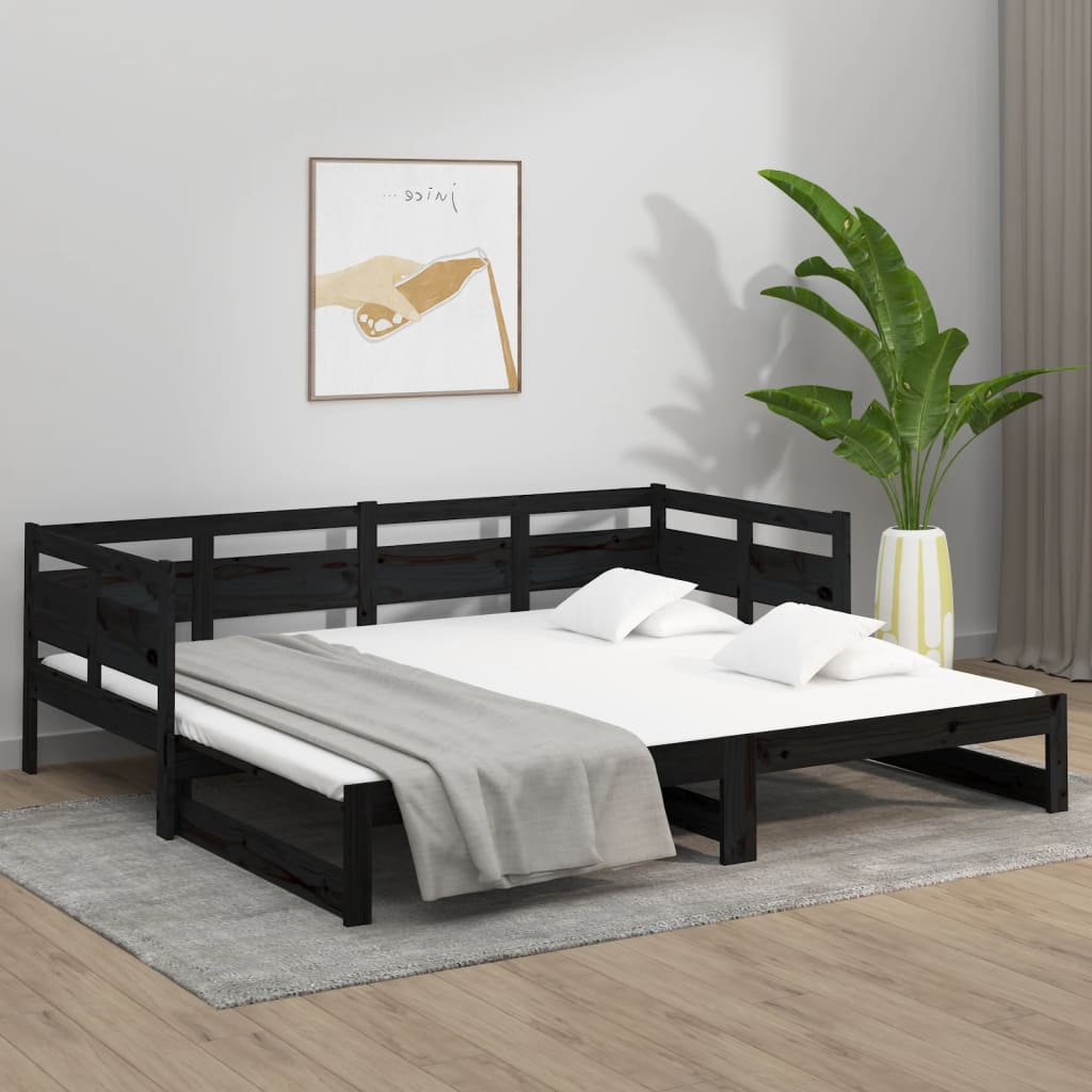 Uttrekkbar dagseng svart heltre furu 2x(80x200) cm