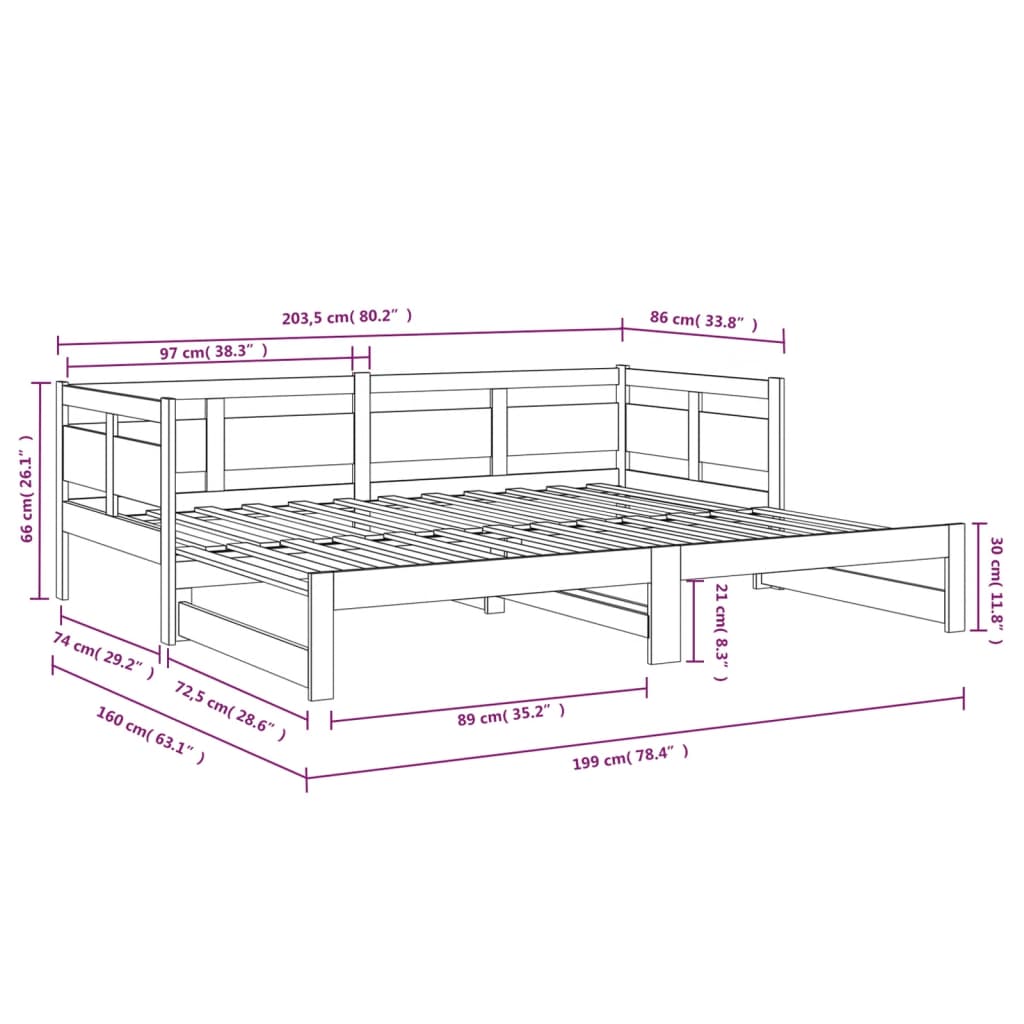 Uttrekkbar dagseng svart heltre furu 2x(80x200) cm