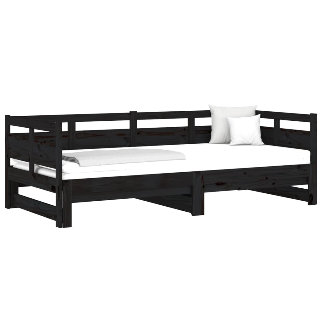 Uttrekkbar dagseng svart heltre furu 2x(90x190) cm