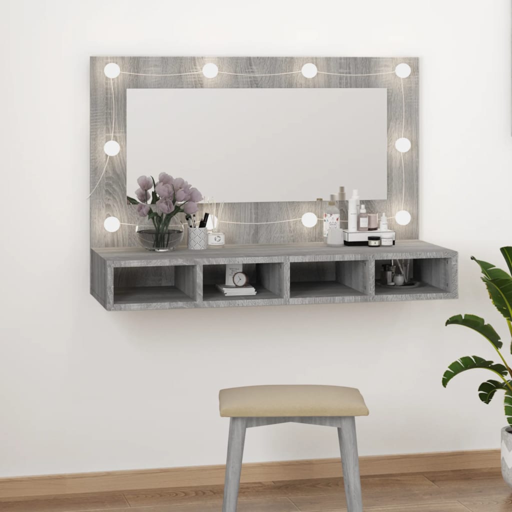 Speilskap med LED grå sonoma 90x31,5x62 cm