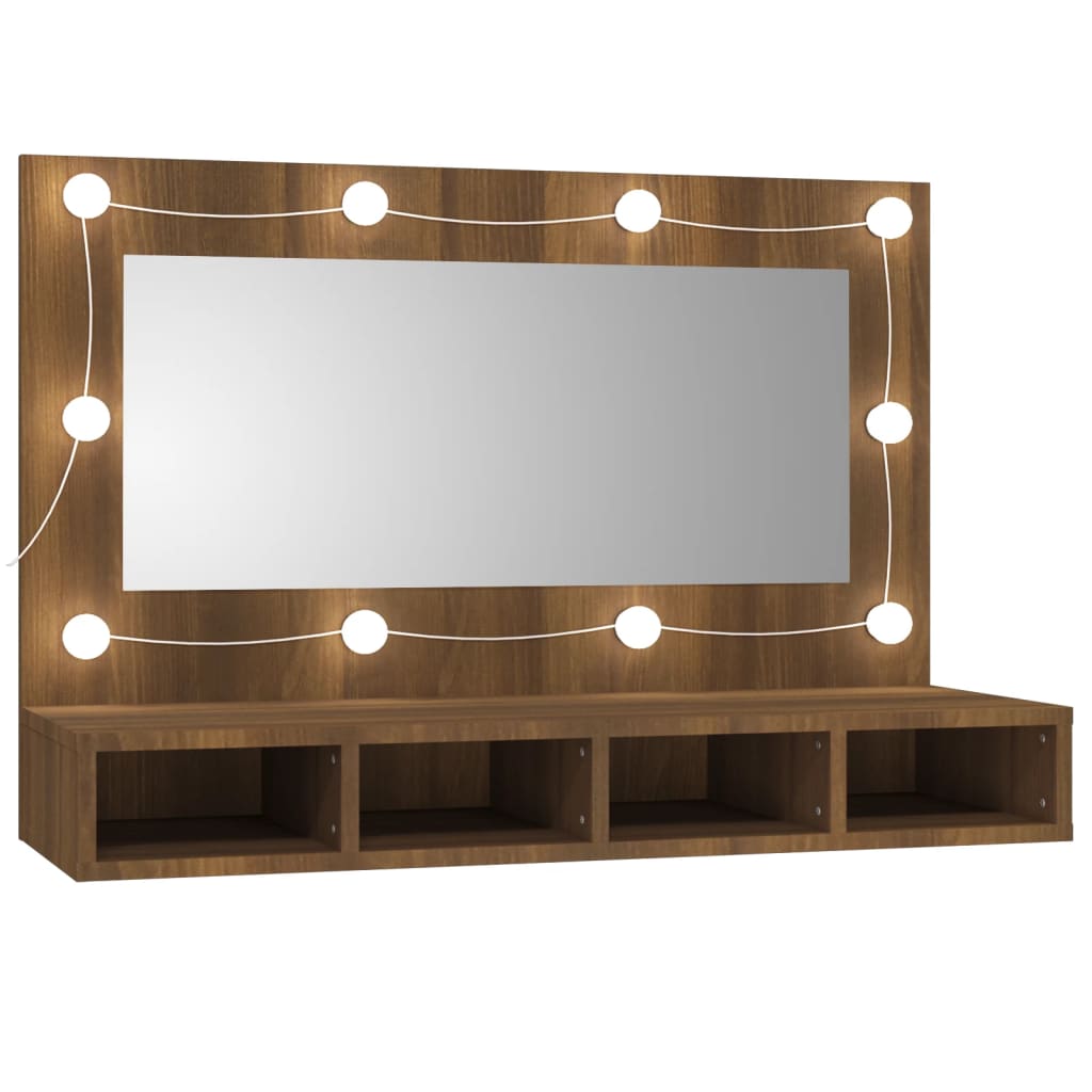 Speilskap med LED brun eik 90x31,5x62 cm