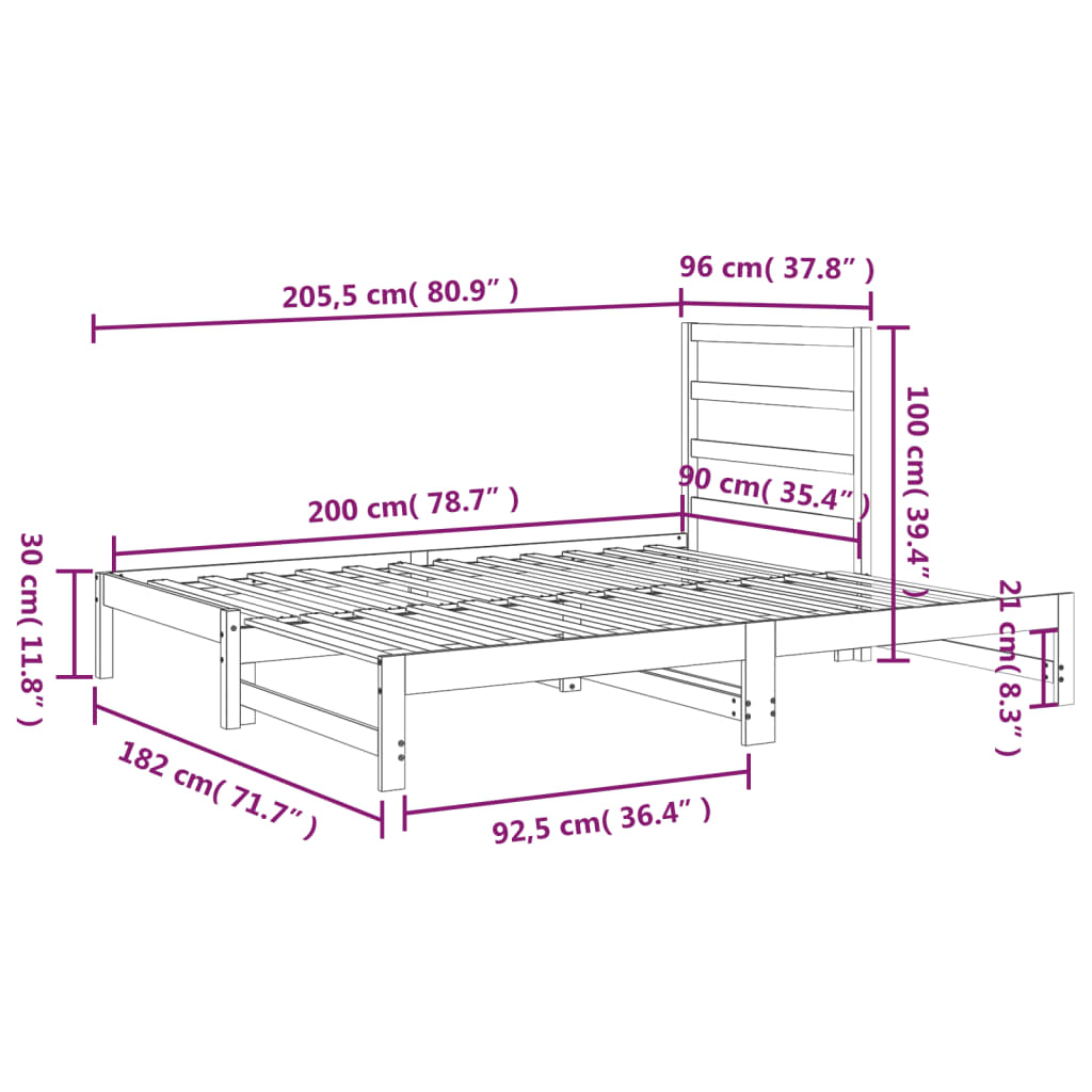 Uttrekkbar dagseng grå 2x(90x200) cm heltre furu