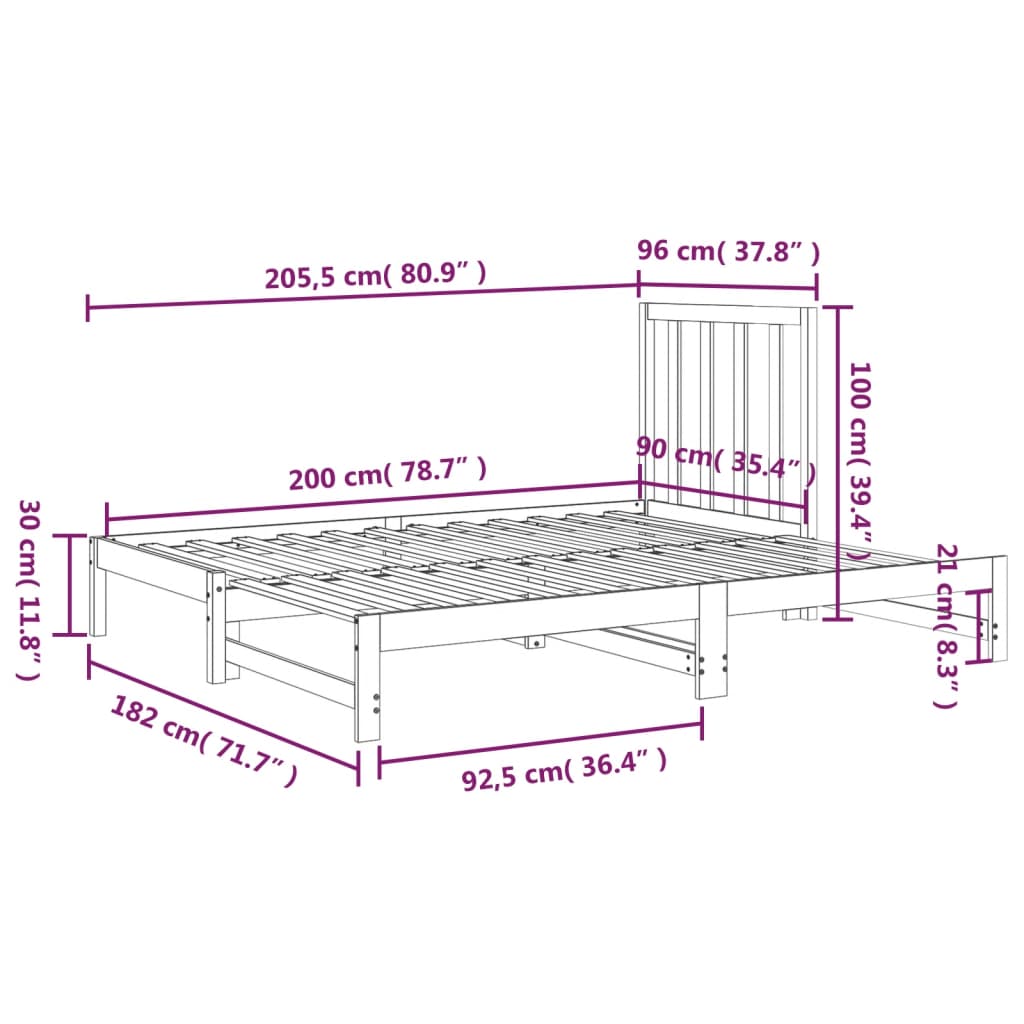 Uttrekkbar dagseng grå 2x(90x200) cm heltre furu