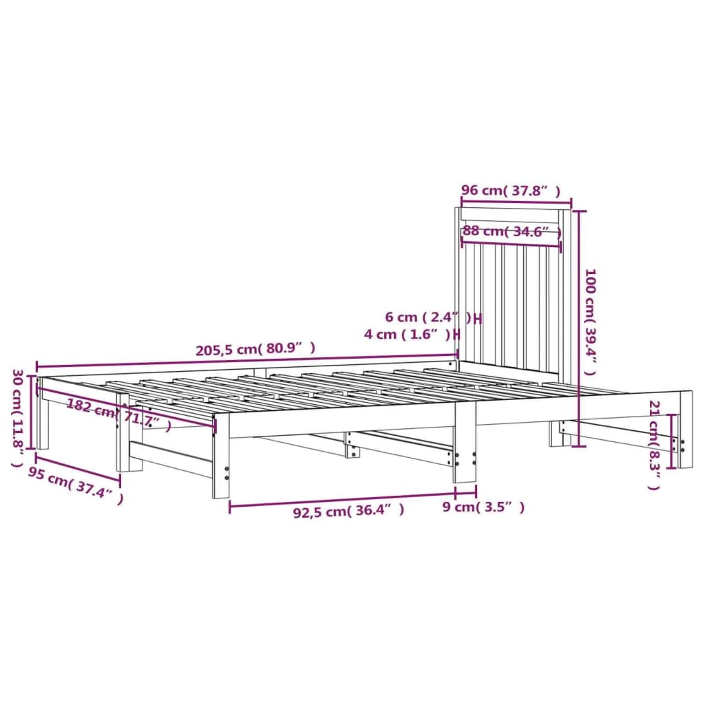 Uttrekkbar dagseng grå 2x(90x200) cm heltre furu