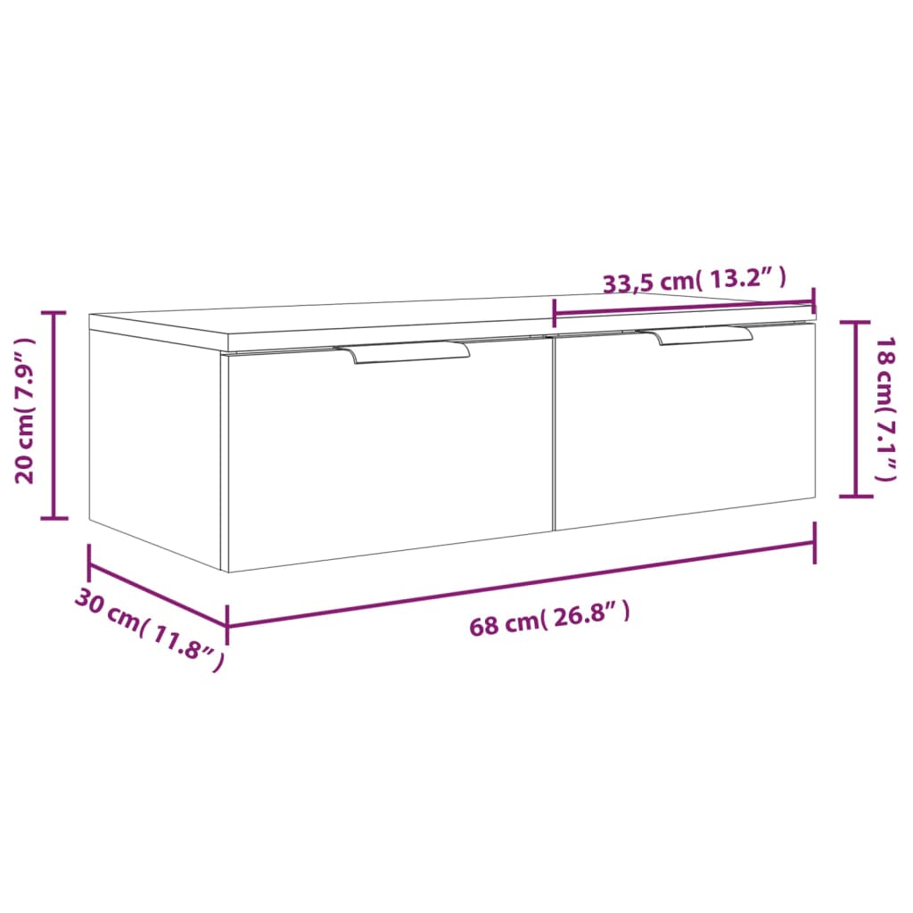 Veggskap 2 stk sonoma eik 68x30x20 cm konstruert tre