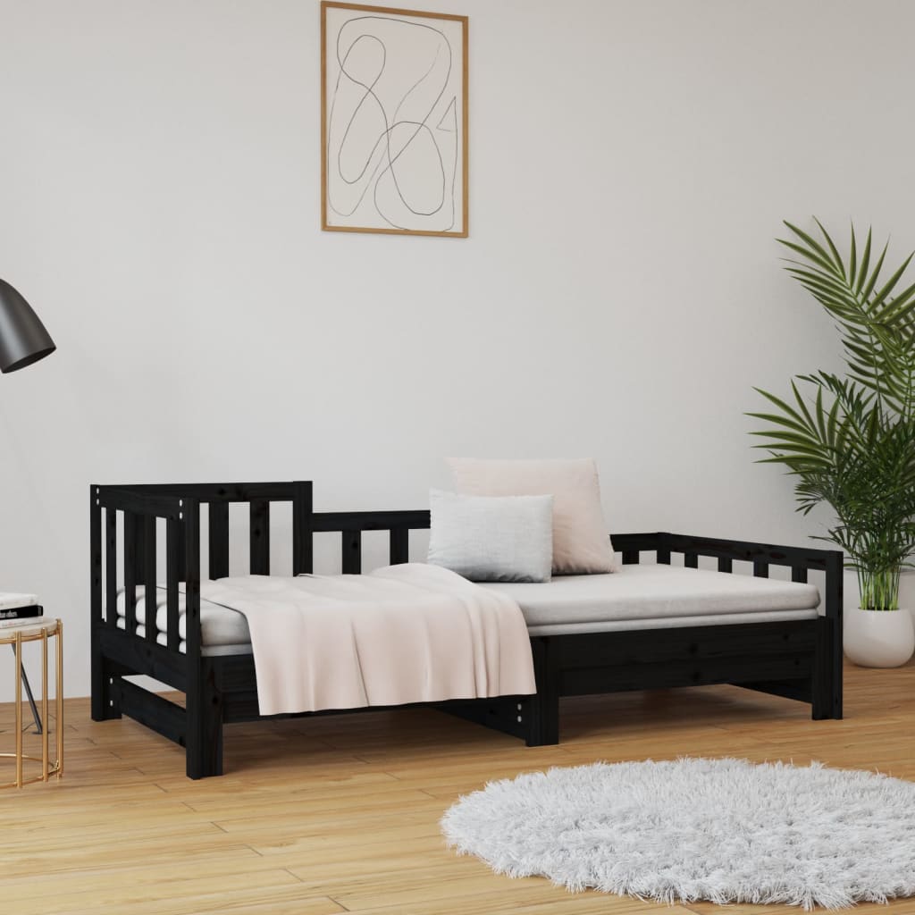 Uttrekkbar dagseng svart 2x(90x190) cm heltre furu