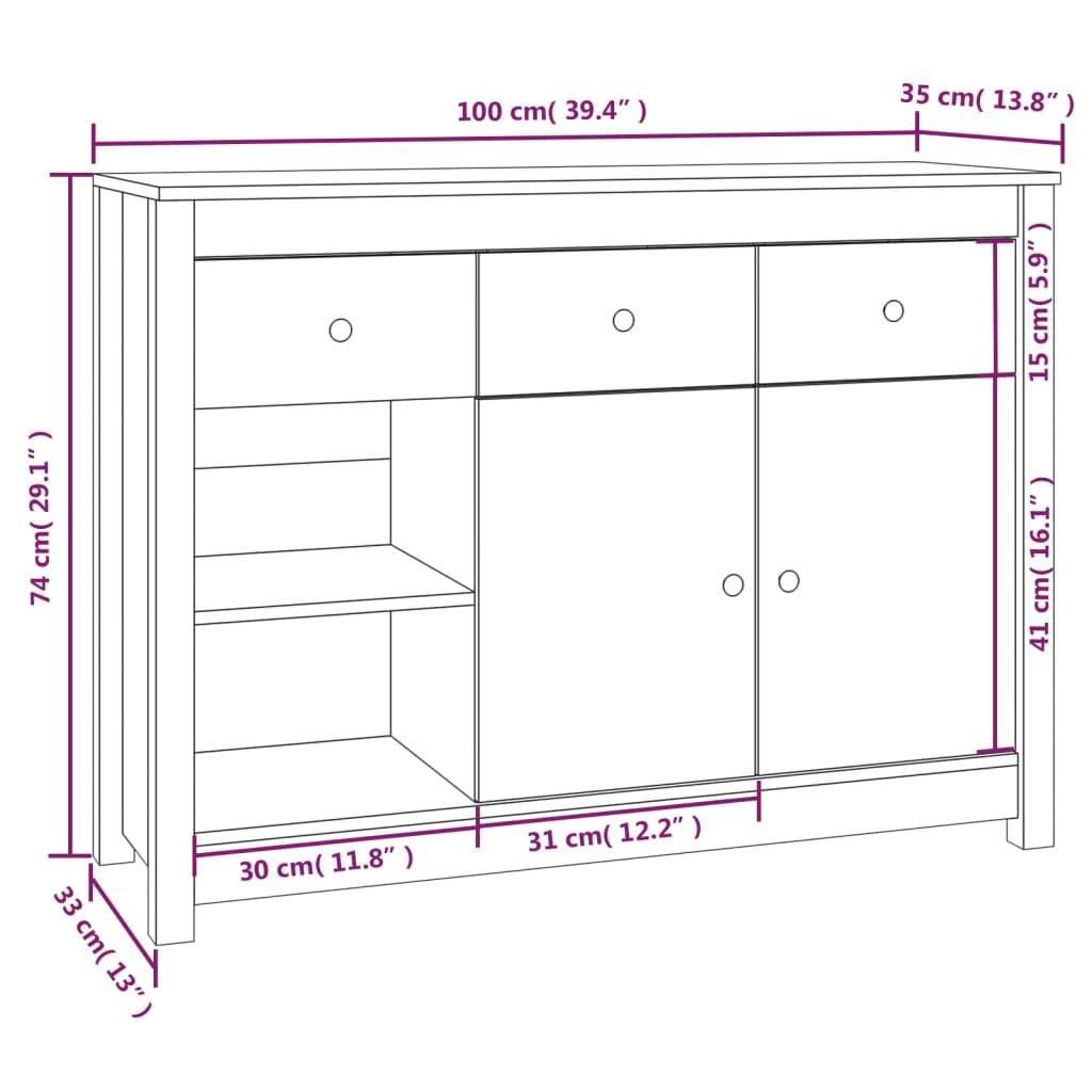 Skjenk honningbrun 100x35x74 cm heltre furu