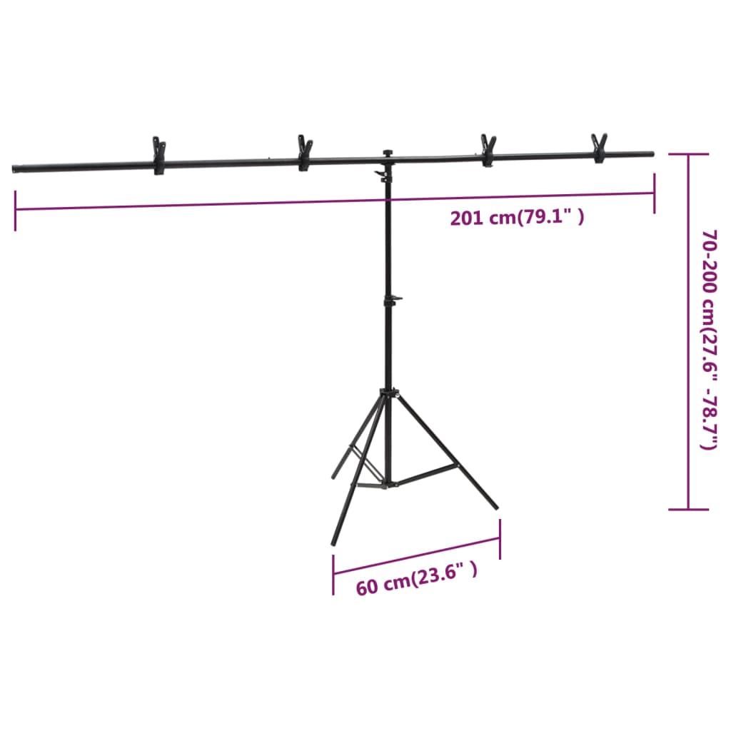 Bakgrunnsstativ T-form svart 201x60x(70-200) cm