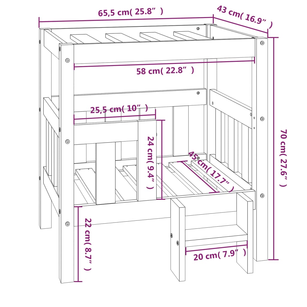 vidaXL Hundeseng hvit 65,5x43x70 cm heltre furu