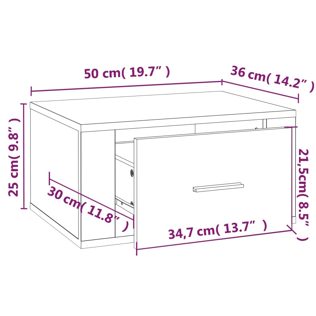 Veggmontert nattbord sonoma oak 50x36x25 cm
