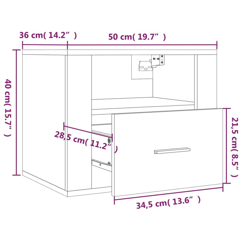 Veggmonterte nattbord 2 stk sonoma eik 50x36x40 cm