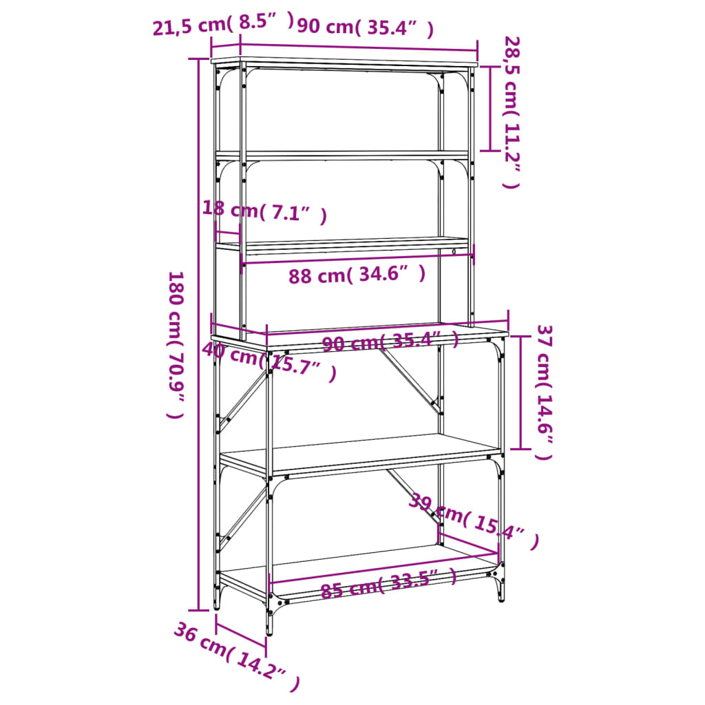 Bakehylle 6 hyller røkt eik 90x40x180 cm konstruert tre