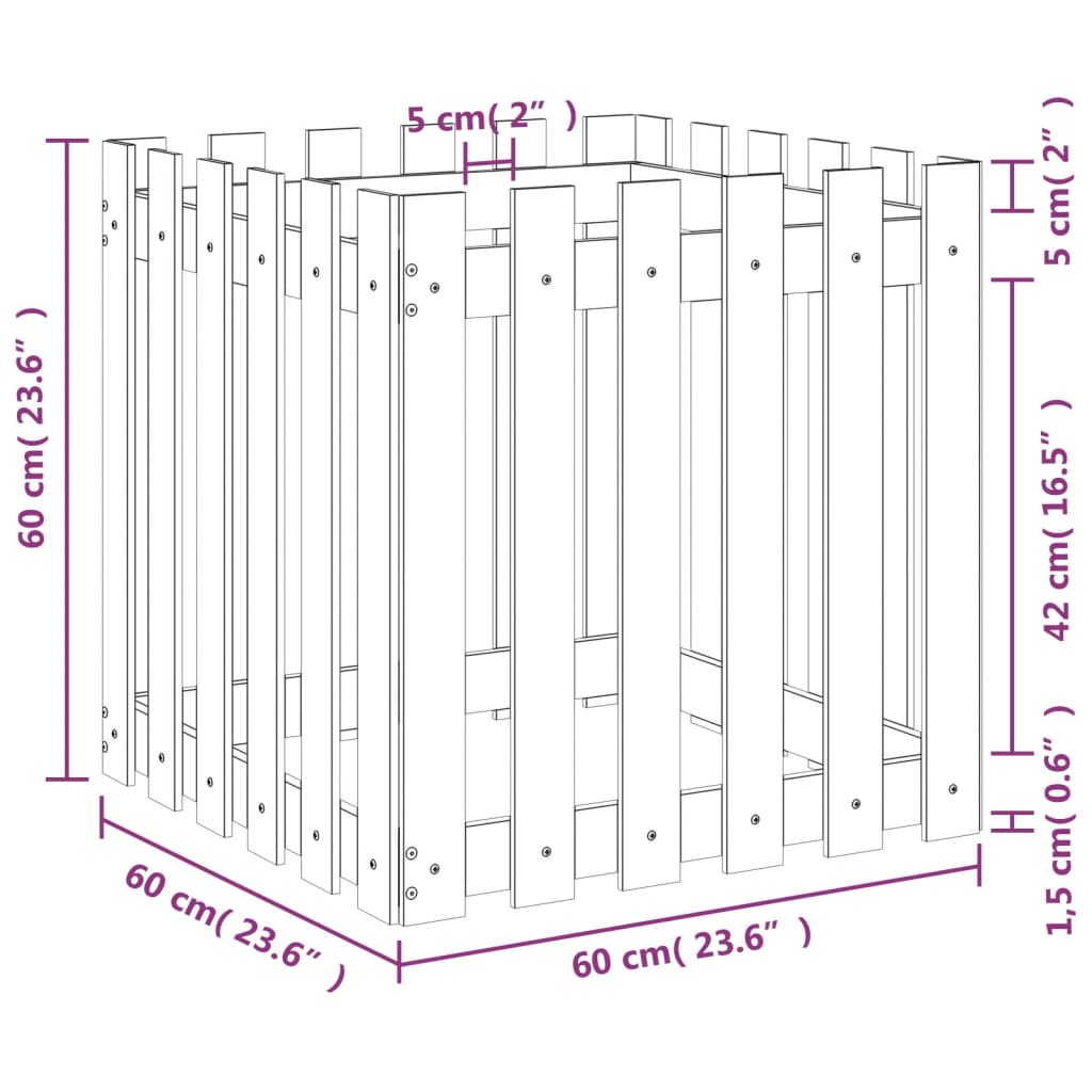Plantekasse med gjerdedesign hvit 60x60x60 cm heltre furu