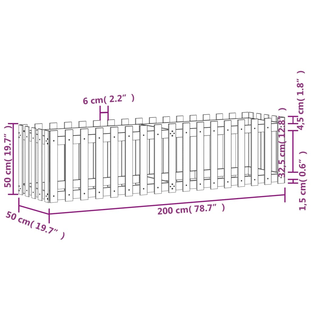 Plantekasse med gjerdedesign svart 200x50x50 cm heltre furu