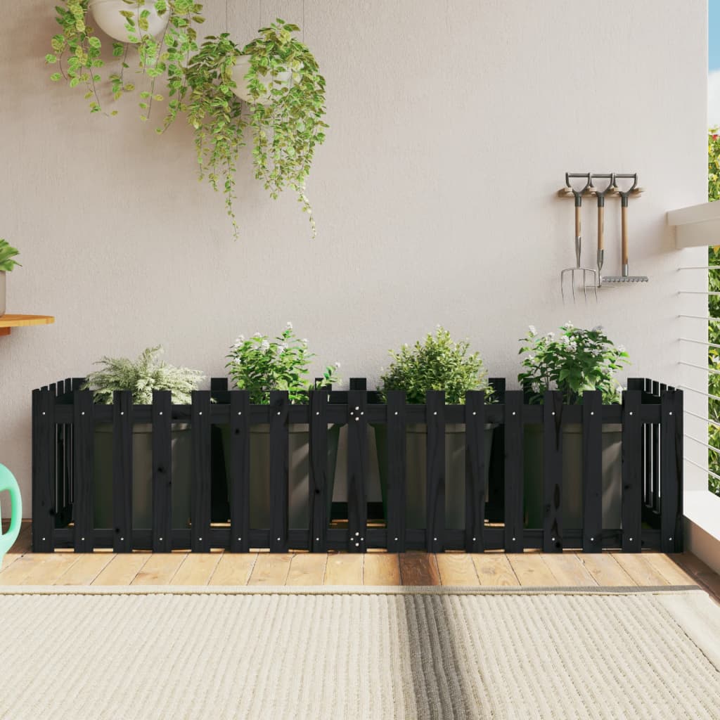 Plantekasse med gjerdedesign svart 200x50x50 cm heltre furu