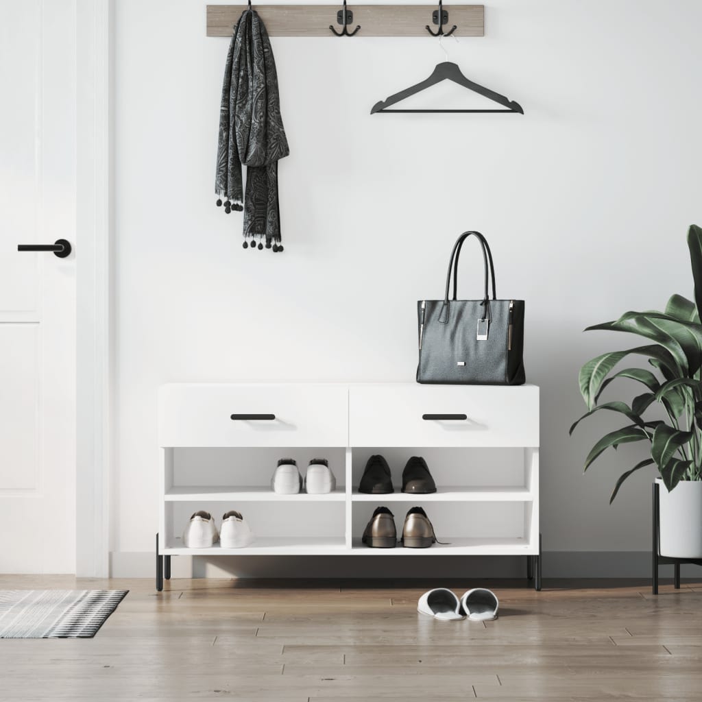 Skobenk høyglans hvit 102x35x55 cm konstruert tre