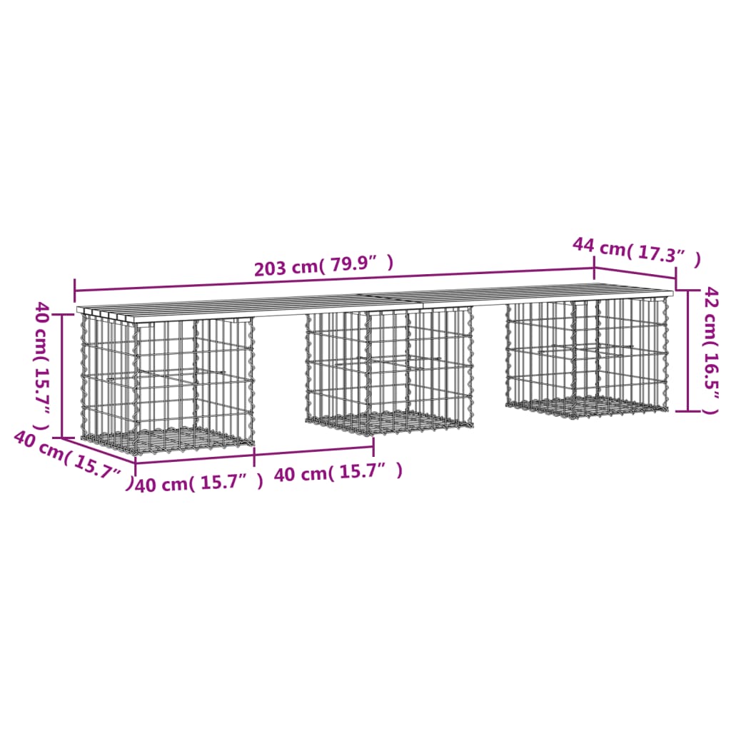 Hagebenk gabiondesign 203x44x42 cm heltre furu