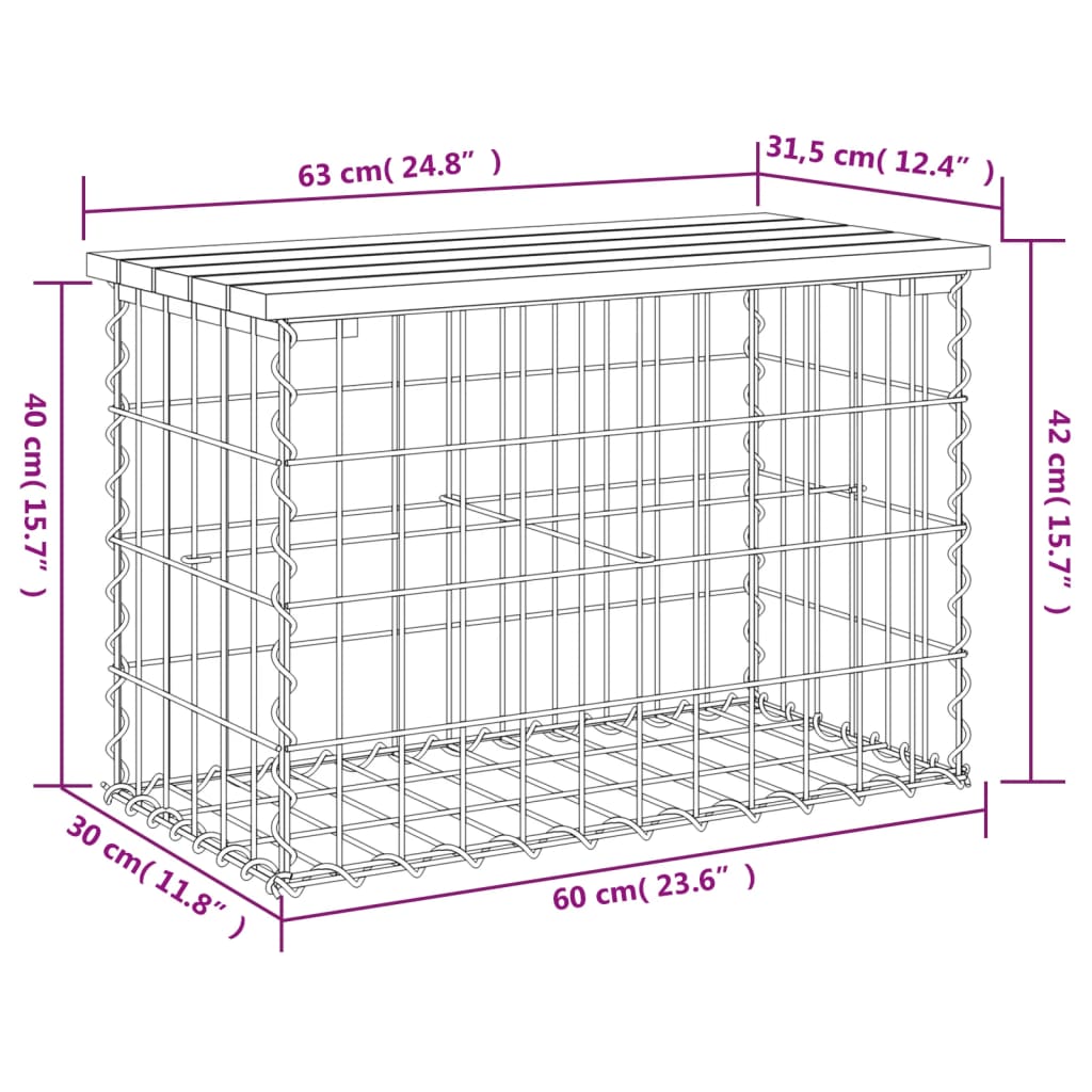 Hagebenk gabiondesign 63x31,5x42 cm heltre furu