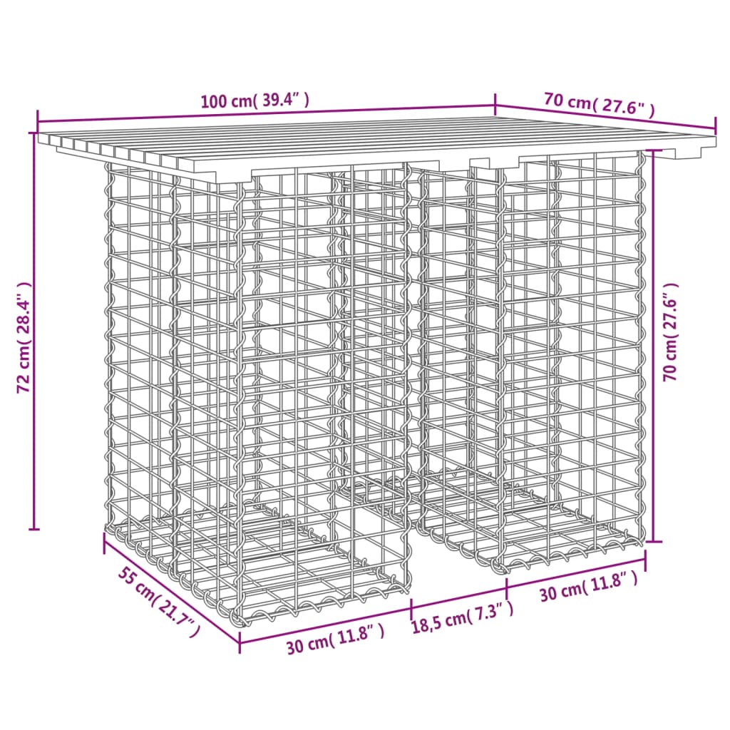 Hagebord gabiondesign 100x70x72 cm heltre furu