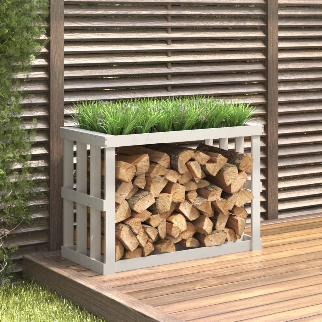 Utendørs vedstativ hvit 108x52x74 cm heltre furu