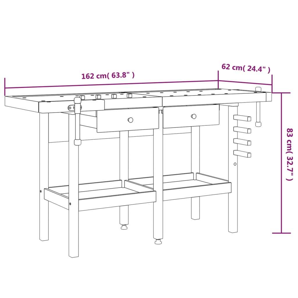 Arbeidsbenk skuffer og skrustikker 162x62x83 cm heltre akasie