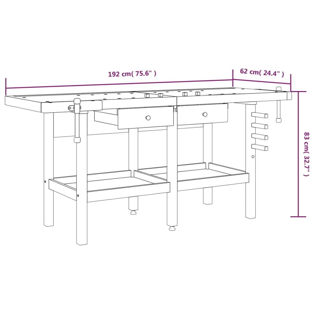 Arbeidsbenk skuffer og skrustikker 192x62x83 cm heltre akasie