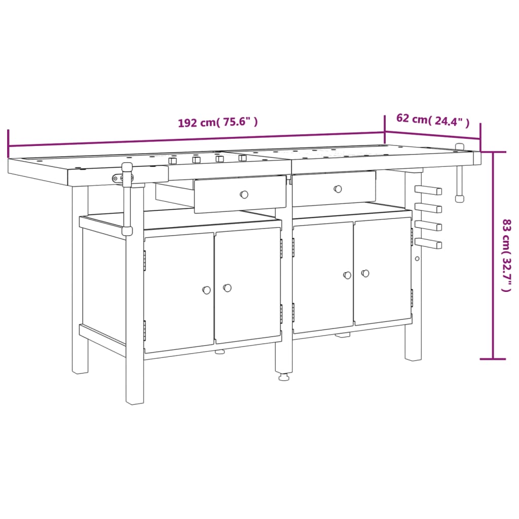 Arbeidsbenk skuffer og skrustikker 192x62x83 cm heltre akasie