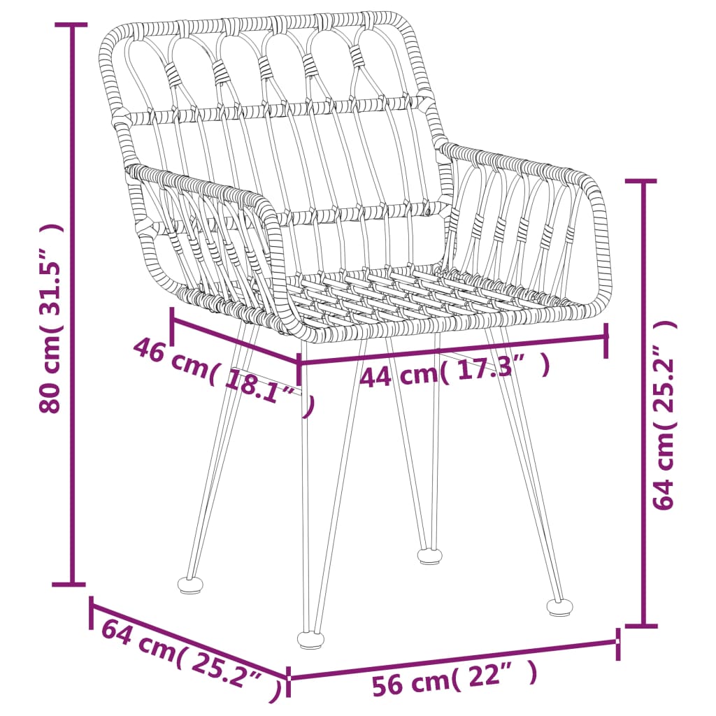 Hagestoler med armlener 2 stk svart 56x64x80 cm PE rotting