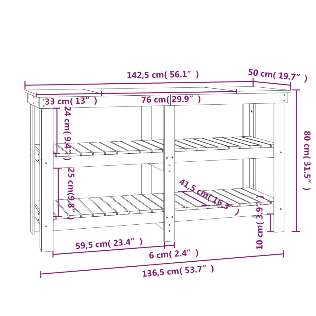 Arbeidsbenk hvit 142,5x50x80 cm heltre furu