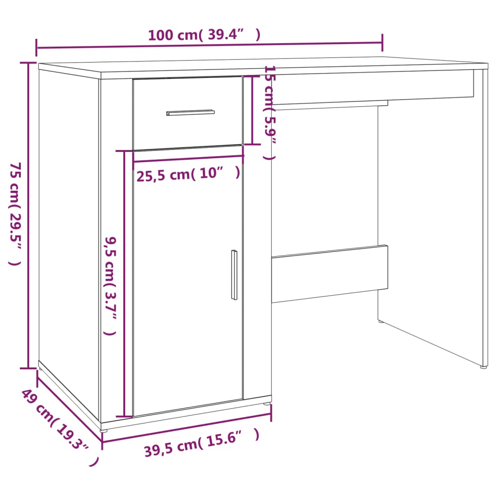 Skrivebord sonoma eik 100x49x75 cm konstruert tre
