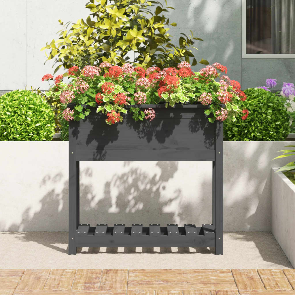 Plantekasse med hylle grå 82,5x34,5x81 cm heltre furu