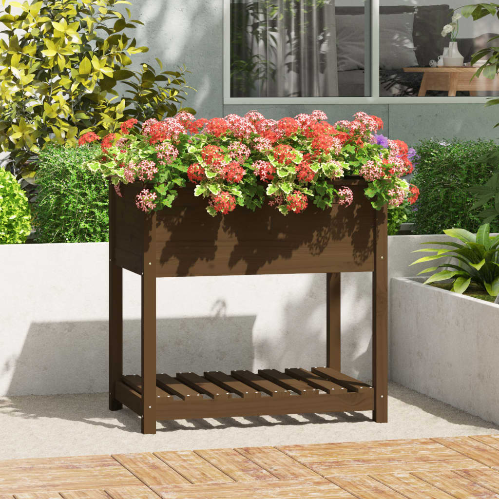 Plantekasse med hylle honningbrun 82,5x54x81 cm heltre furu