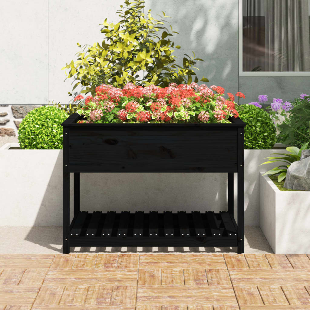 Plantekasse med hylle svart 111,5x111,5x81 cm heltre furu