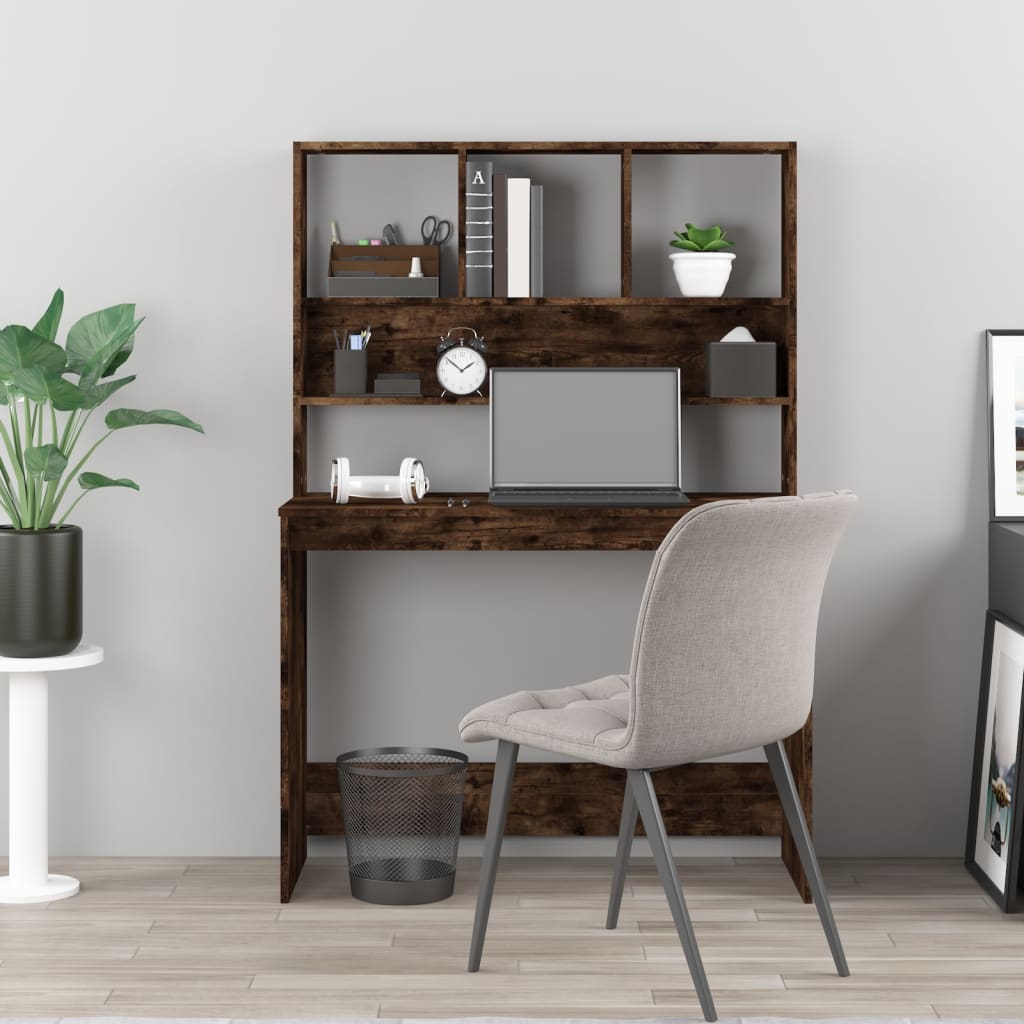 Skrivebord med hyller røkt eik 102x45x148 cm konstruert tre