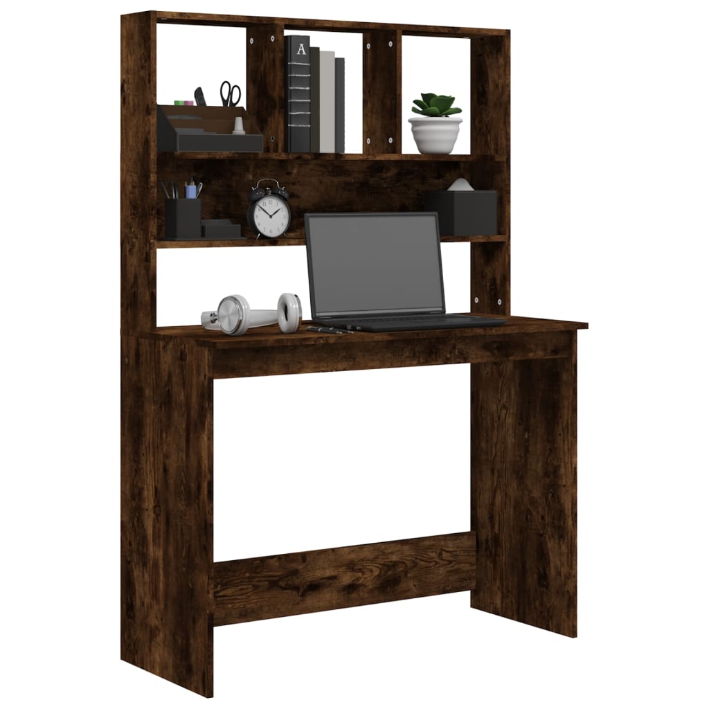 Skrivebord med hyller røkt eik 102x45x148 cm konstruert tre