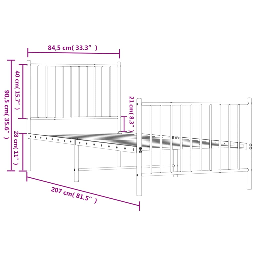 Sengeramme i metall med hode- og fotgavl svart 80x200 cm