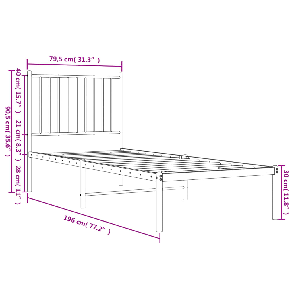 Sengeramme i metall uten madrass med hodegavl hvit 75x190 cm