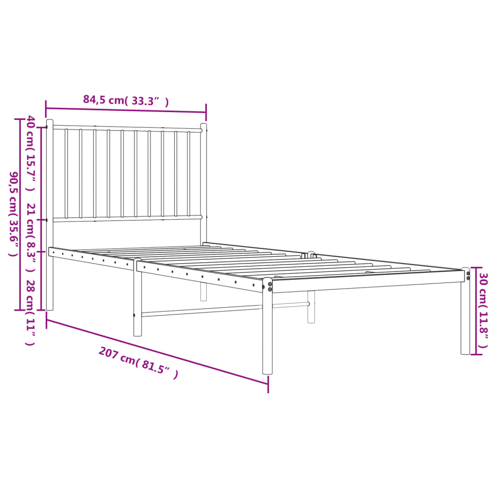 Sengeramme i metall med hodegavl hvit 80x200 cm
