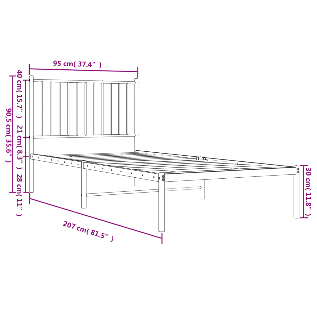 Sengeramme i metall med hodegavl hvit 90x200 cm