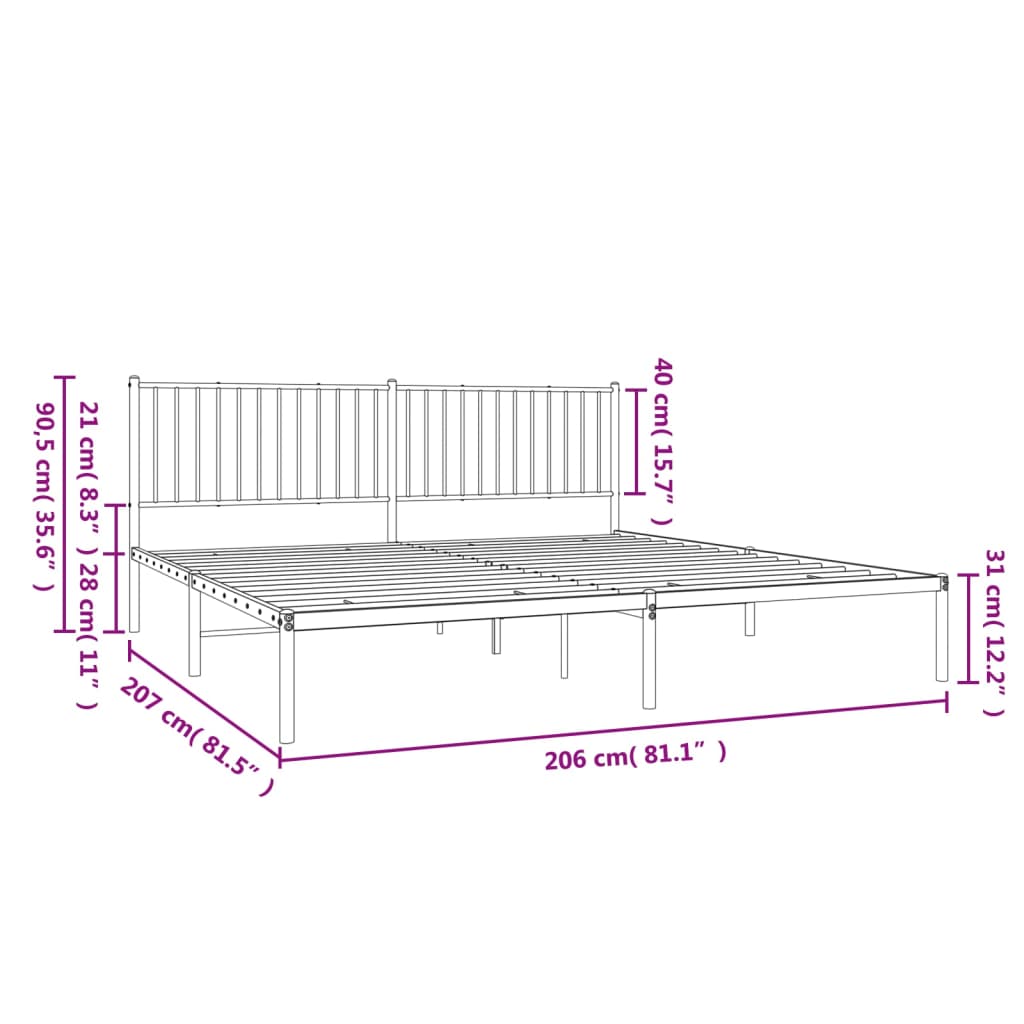 Sengeramme i metall med sengegavl hvit 200x200 cm