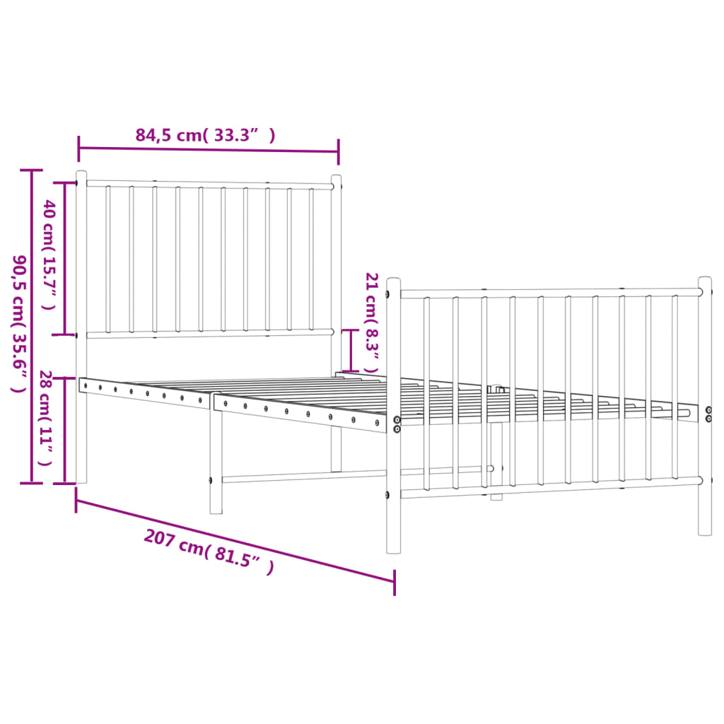 Sengeramme i metall med hode- og fotgavl hvit 80x200 cm