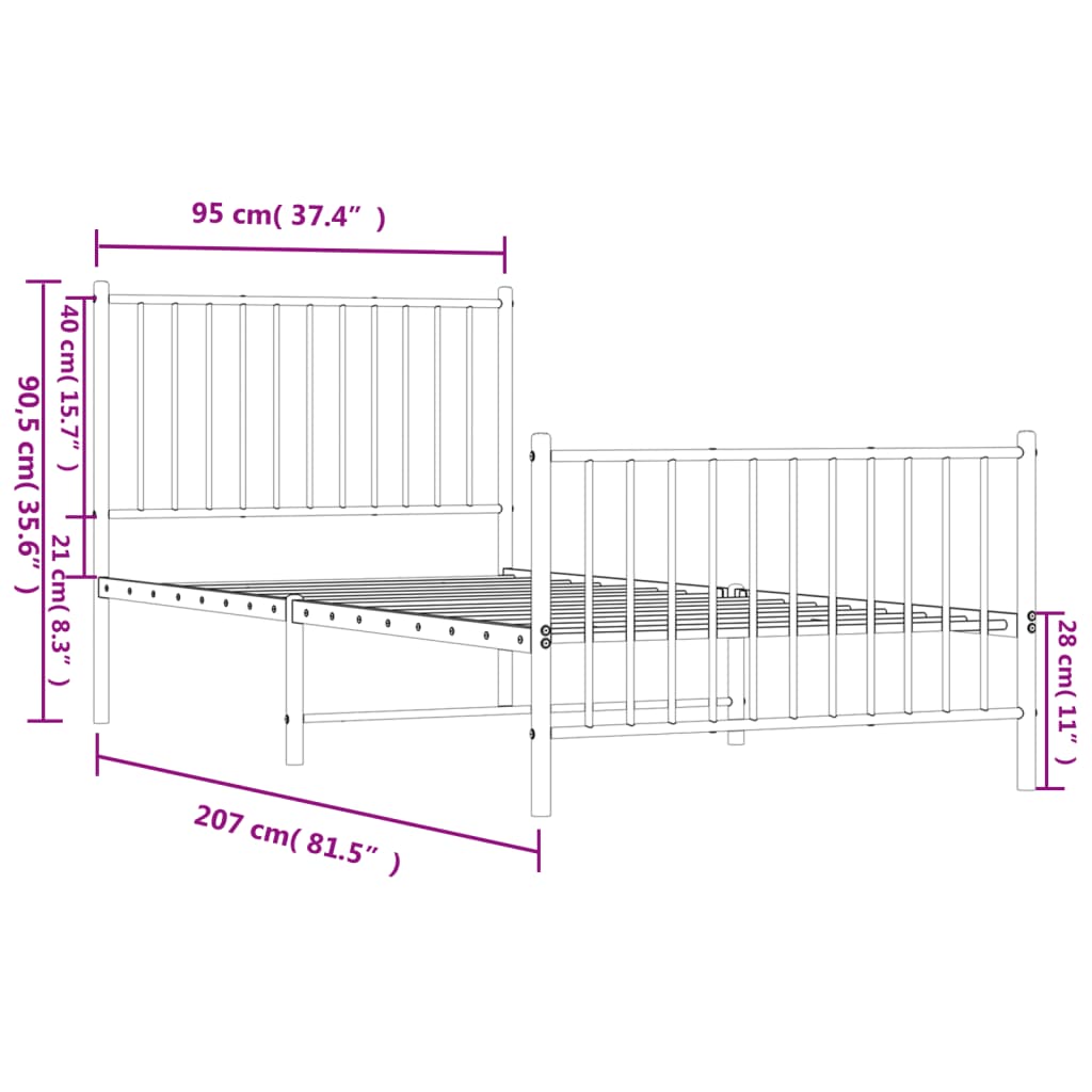 Sengeramme i metall med hode- og fotgavl hvit 90x200 cm
