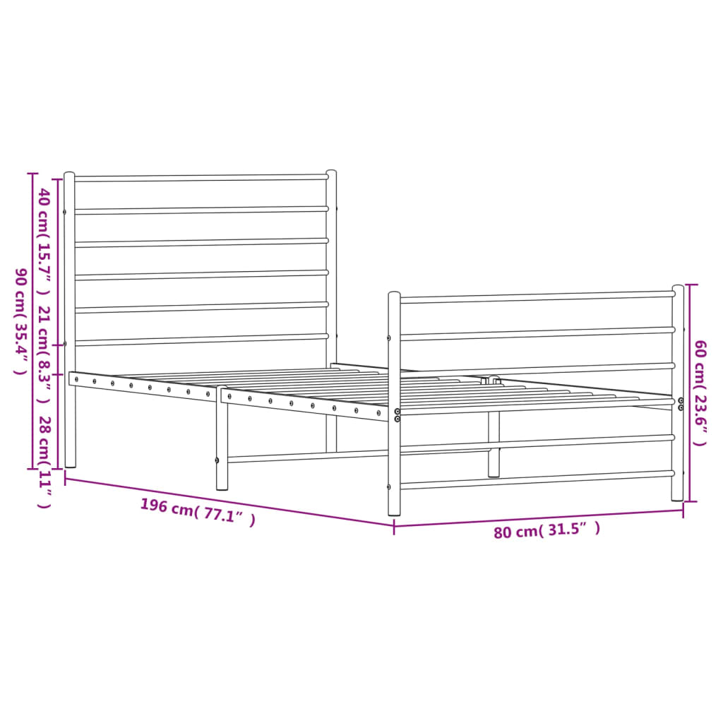 Sengeramme i metall med hode- og fotgavl svart 75x190 cm