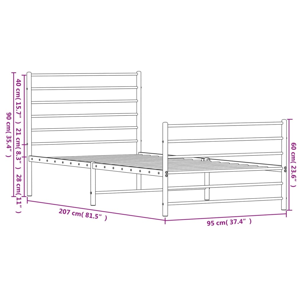Sengeramme i metall med hode- og fotgavl hvit 90x200 cm