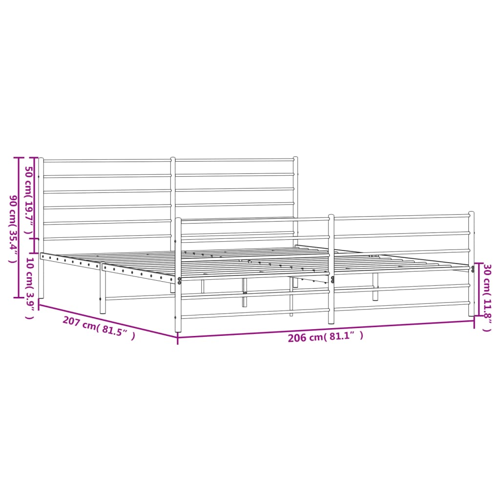 Sengeramme i metall med hode- og fotgavl hvit 200x200 cm