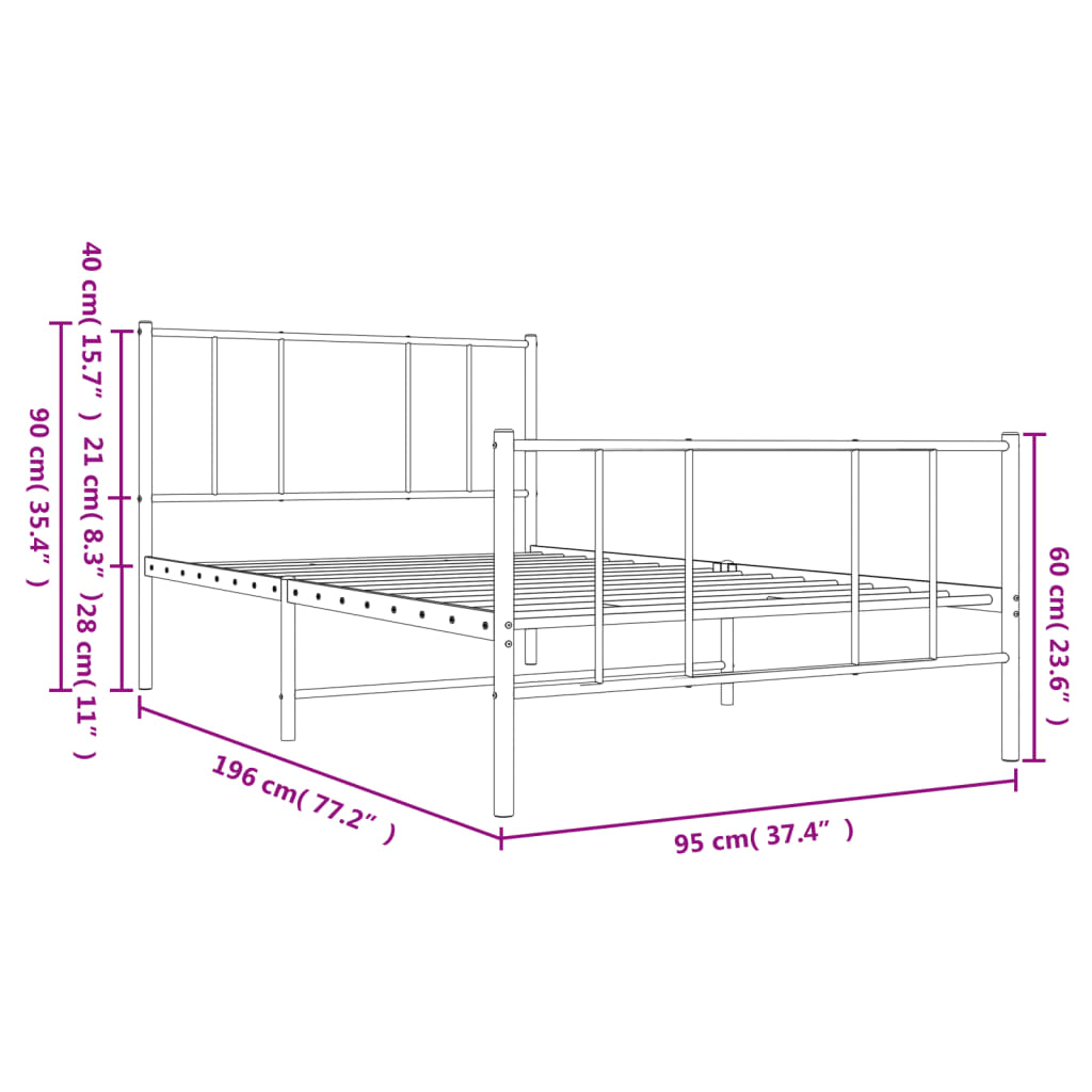 Sengeramme i metall med hode- og fotgavl svart 90x190 cm