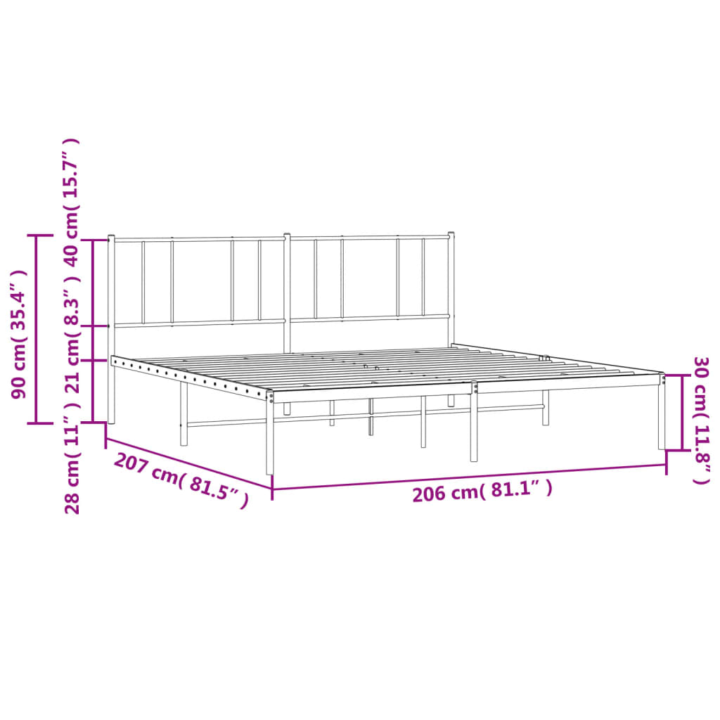 Sengeramme i metall med sengegavl hvit 200x200 cm