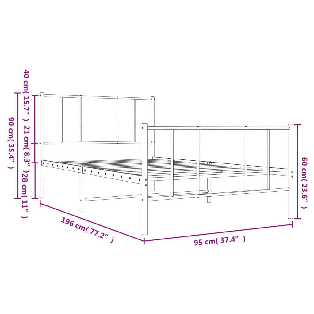 Sengeramme i metall med hode- og fotgavl hvit 90x190 cm