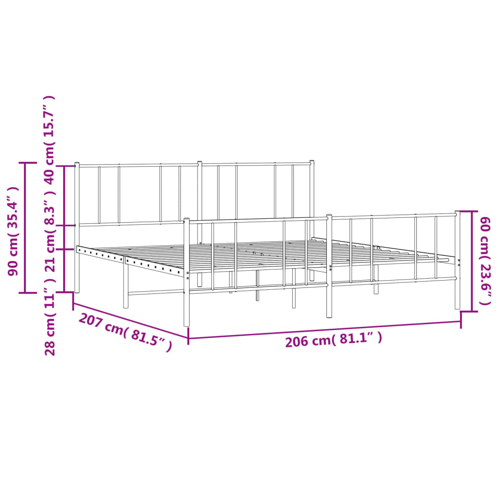 Sengeramme i metall med hode- og fotgavl hvit 200x200 cm