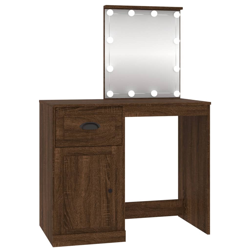 Sminkebord med LED brun eik 90x50x132,5 cm konstruert tre